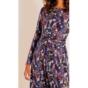 Boden Abigail Jersey Dress Gray Blue Floral Stretch Knit Long Sleeve Midi Size 6